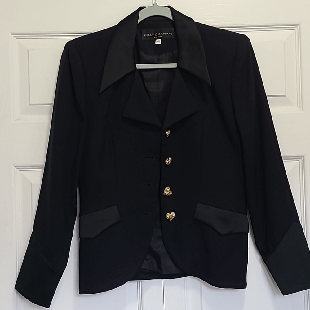 Kelly Graham New York Satin‎ Black Tuxedo Blazer Size 4 Gold Heart Bling Buttons - Picture 3 of 17